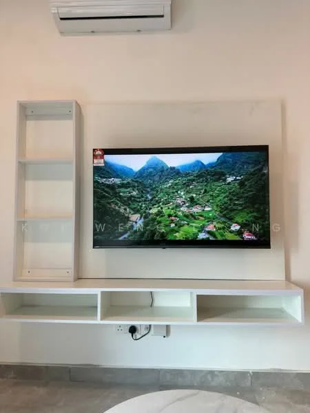 Living features: wall-mounted TV, white floating TV console, open shelving unit, light-colored walls, grey tiled flooring, air conditioning unit, decorative landscape view on TV; style: modern.