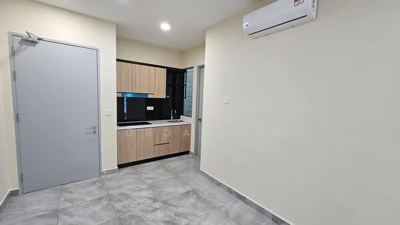 Kitchen features: grey tile flooring, white painted walls, wood cabinetry, black countertop, single-bowl stainless-steel sink, chrome pull-down faucet, built-in kitchen cabinet, wall-mounted split AC; style: modern.