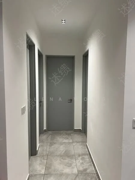 Hallway features: grey painted walls, tile flooring, recessed ceiling lights, three doors, neutral colour scheme, modern design; style: modern.