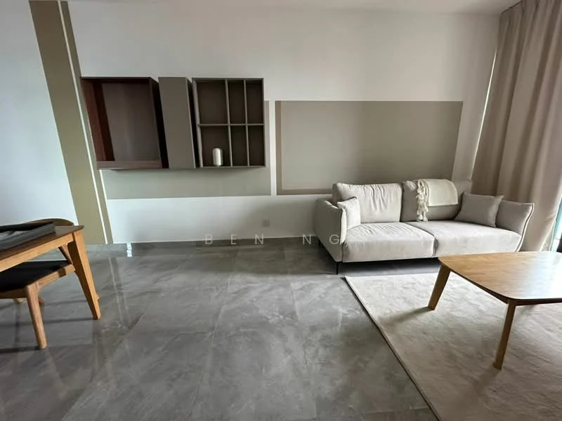 Living features: grey marble tile flooring, white painted walls, built-in shelving unit, large window with sheer curtains, light-coloured fabric sofa, wooden coffee table, area rug, decorative vase on shelf; style: modern.