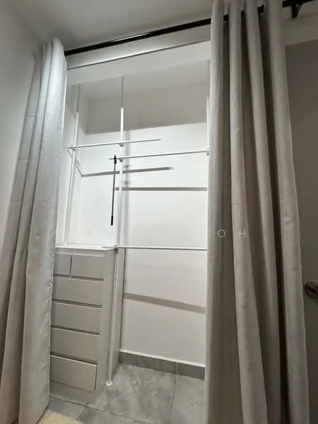 Room features: white walls, grey floor tiles, built-in shelving unit, hanging rod for clothes, drawers, curtains, minimalist design; style: modern.