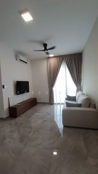 Living features: grey marble tile flooring, white painted walls, 5-blade ceiling fan with light, wall-mounted TV, wooden TV console, sofa in light color, curtains in neutral color, floor-to-ceiling windows; style: modern.