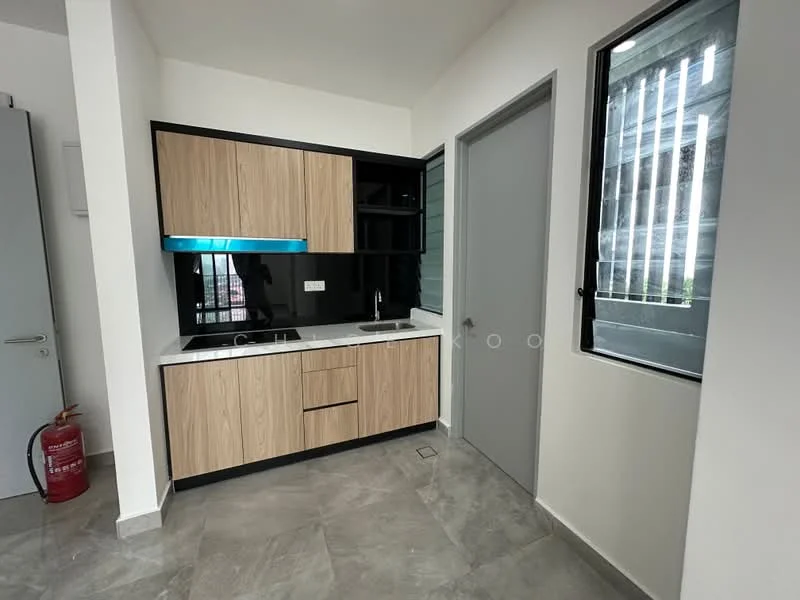 Kitchen features: wood cabinetry with light wood finish, black countertop, stainless-steel sink, chrome faucet, built-in upper cabinets, open shelving, grey tiled flooring, large window for natural light, fire extinguisher mounted on wall; style: modern.