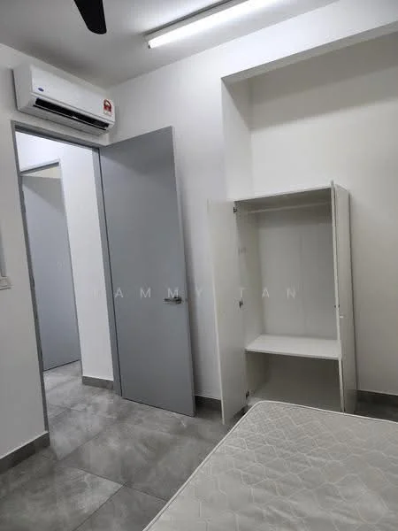 Room features: grey tiled flooring, white painted walls, 1 wall-mounted split AC, single door, built-in wardrobe with open shelving, ceiling light fixture, door to adjacent room.