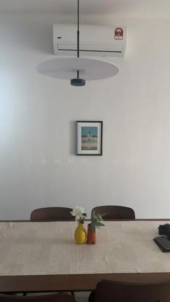 Dining features: dining table with beige tablecloth, wooden dining chairs, 1 wall-mounted split AC, pendant light fixture, framed artwork on wall, vase with flowers, yellow vase, orange vase, decorative items on table, white painted walls; style: modern.