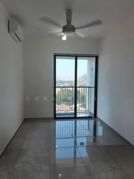 Room features: white painted walls, grey tiled flooring, 5-blade ceiling fan with light, floor-to-ceiling sliding glass door, balcony with railing, air conditioning unit on wall, city view through window; style: modern; view: city.
