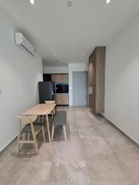 Dining features: rectangular wooden dining table, 2 wooden dining chairs, 1 bench seating, wall-mounted split AC, light grey tiled flooring, white painted walls, recessed downlights, built-in cabinetry, black fridge, dark cabinetry, open layout, kitchen area visible in background; style: modern.