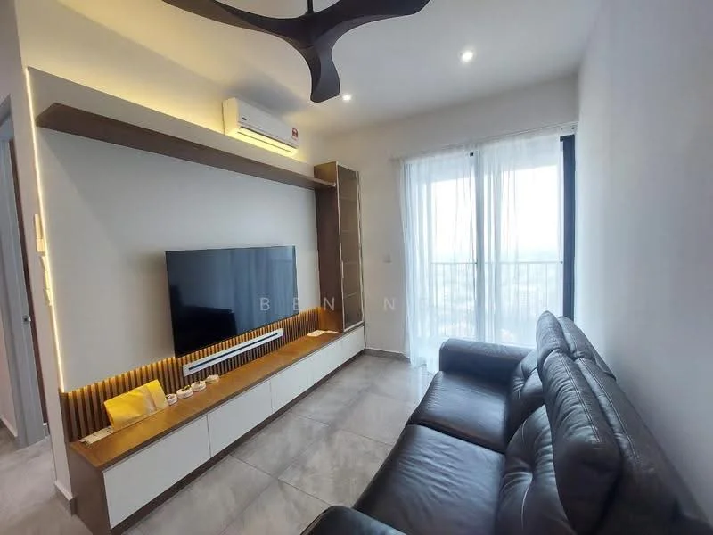 Living features: leather sofa in dark grey, wall-mounted TV, TV console with white cabinetry, wooden feature wall with backlighting, air conditioning unit, large window with sheer curtains, recessed ceiling lights, grey tile flooring; style: modern; view: city.