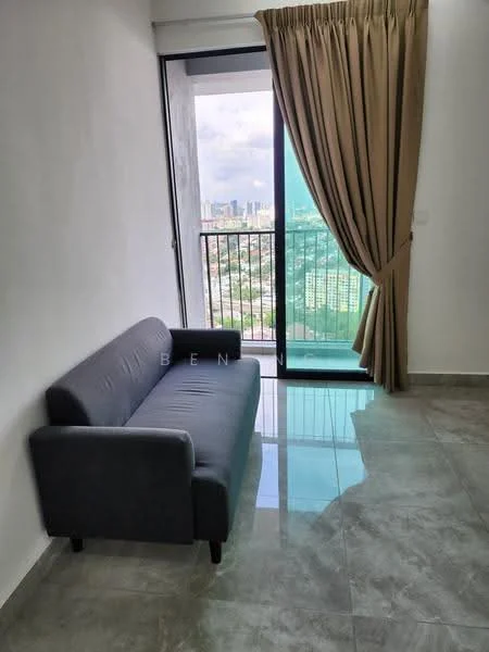 Living features: grey fabric sofa, floor-to-ceiling windows, curtains in beige, glossy tile flooring, city view, white painted walls, sliding glass door, natural light; style: modern; view: city.