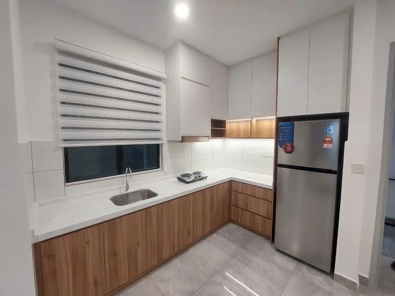 Kitchen features: white quartz countertop, wood cabinetry, stainless-steel fridge, single-bowl stainless-steel sink, chrome pull-down faucet, white tiled backsplash, built-in stove, roller blinds on window, grey ceramic tile flooring, under-cabinet lighting; style: modern.