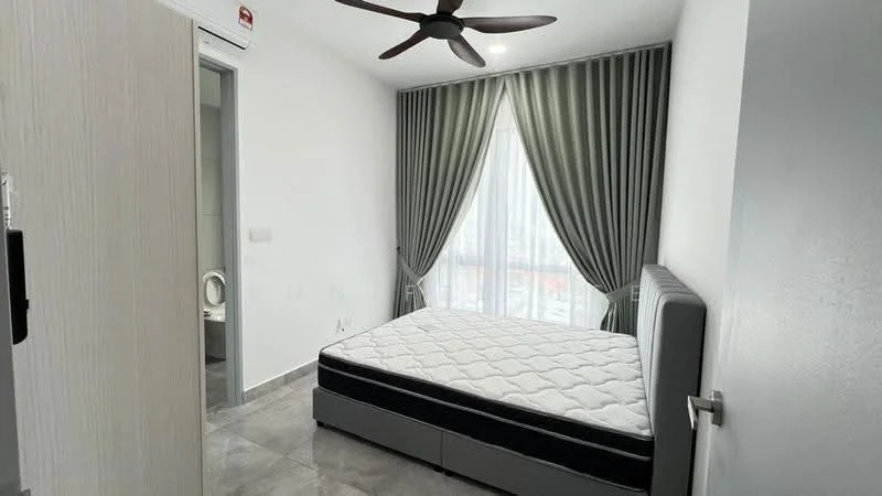 Bedroom features: queen-size bed, upholstered headboard, floor-to-ceiling windows, sheer curtains, blackout curtains, 5-blade ceiling fan, grey tiled flooring, decorative wall, built-in wardrobe, wall-mounted light switch; style: modern; view: city.