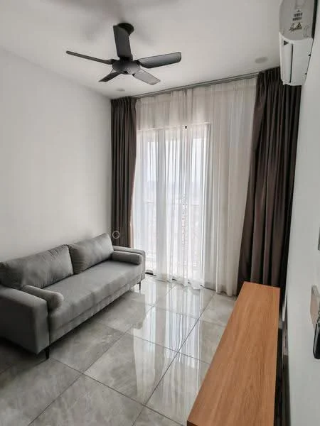 Living features: grey fabric sofa, floor-to-ceiling windows, sheer curtains, dark brown curtains, wall-mounted air conditioning unit, ceiling fan with 3 blades, glossy tile flooring, wooden TV console; style: modern; view: city.