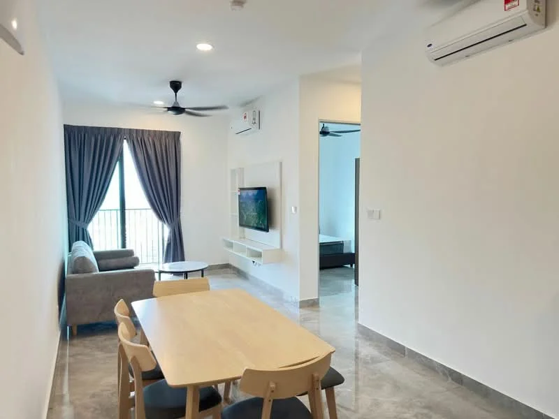 Living features: grey fabric sofa, coffee table, wall-mounted TV, ceiling fan, 2 wall-mounted split AC units, floor-to-ceiling windows, curtains, marble flooring, white painted walls; style: modern. Dining features: 6-seater dining table, wooden dining chairs; style: modern.