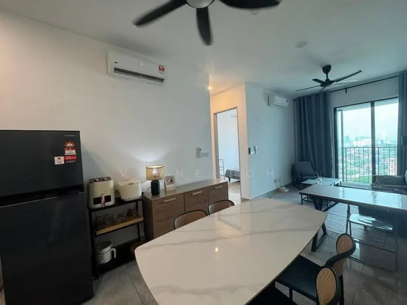 Dining features: white marble dining table, 4 dining chairs, ceiling fan, wall-mounted split AC, large window with city view, grey curtains, light grey tiled flooring, wooden sideboard, black fridge, rice cooker, built-in cabinetry; style: modern; view: city. Kitchen features: black fridge, rice cooker, wooden cabinetry, light grey tiled flooring; style: modern.