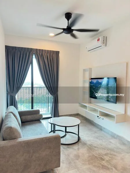Living features: 3-seater fabric sofa in grey, round coffee table with black metal frame, wall-mounted TV, TV console, floor-to-ceiling windows, grey curtains, ceiling fan, air conditioning unit, marble tile flooring, white painted walls, recessed downlights; style: modern; view: city.