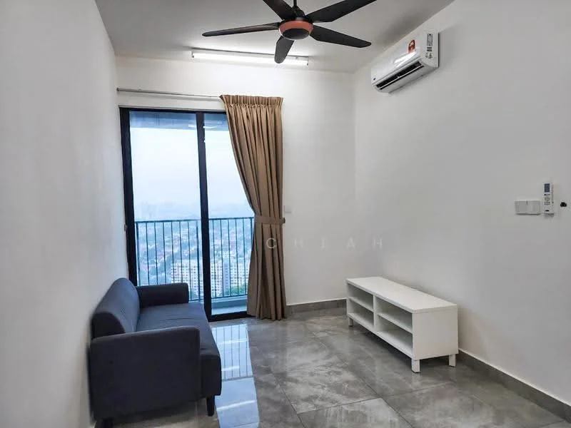 Living features: grey fabric sofa, white TV console, floor-to-ceiling windows, curtains, 5-blade ceiling fan with light, wall-mounted split AC, grey tile flooring, white painted walls; style: modern; view: city.