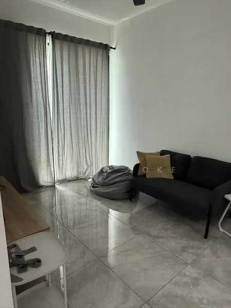 Living features: grey fabric sofa, bean bag chair, light grey curtains, white wall, glossy ceramic tile flooring, natural light from windows, small side table, decorative pillow with text; style: modern.