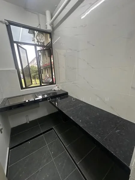 Laundry features: black marble countertop, white marble wall cladding, black tile flooring, single-bowl stainless-steel sink, window with black frame, exposed plumbing, shelf space, wall-mounted air conditioning unit; style: modern; view: garden.