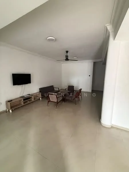 Living features: white painted walls, tile flooring, 5-blade ceiling fan, wall-mounted TV, wooden TV console, 2-seater fabric sofa, 2 armchairs, coffee table, recessed lighting; style: modern.