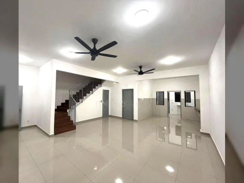 Living features: glossy ceramic tile flooring, white painted walls, 5-blade ceiling fan with light, 2 ceiling fans, staircase with wooden steps, open layout, recessed downlights, large windows, double doors leading to other rooms, neutral color palette; style: modern.
