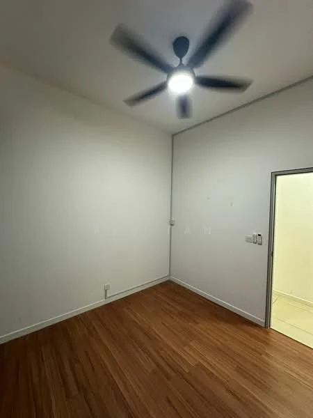 Room features: wooden flooring, white painted walls, 5-blade ceiling fan with light, doorway leading to another room.