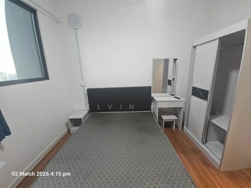 Bedroom features: wooden flooring, white painted walls, single bed, bedside tables, full-length mirror, built-in wardrobe with sliding doors, window with blue curtains, desk with chair; style: modern.