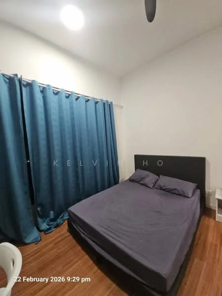 Bedroom features: queen-size bed with grey bedding, upholstered headboard, blue curtains, wooden flooring, white bedside table, wall-mounted light fixture, ceiling fan, plain white walls; style: minimalist.