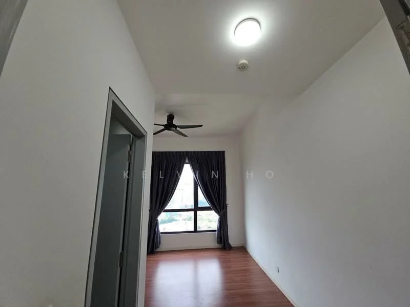 Room features: white painted walls, wooden flooring, ceiling fan, floor-to-ceiling window, dark curtains, city view; style: modern; view: city.
