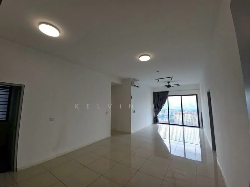 Living features: white painted walls, glossy tile flooring, recessed downlights, ceiling fan, floor-to-ceiling windows, curtains, air conditioning unit, city view; style: modern; view: city.