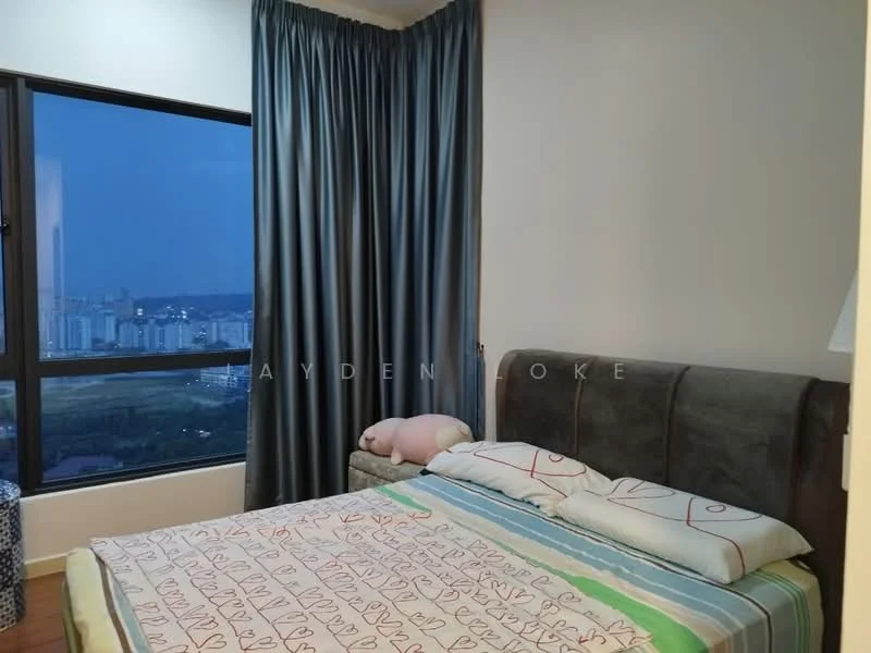 Bedroom features: king-size bed, upholstered headboard, bedside lamps, floor-to-ceiling windows, curtains in grey fabric, decorative throw pillows, plush toy on bed, area rug, wooden flooring; style: modern; view: city.