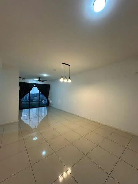 Living features: white painted walls, glossy ceramic tile flooring, recessed downlights, 5-blade ceiling fan with light, sliding glass door, floor-to-ceiling windows, blackout curtains, hanging pendant lights with three bulbs; style: modern; view: city.