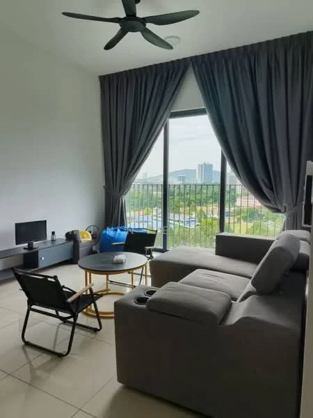 Living features: grey L-shape sectional sofa, round coffee table, black TV console, wall-mounted TV, floor-to-ceiling windows, sheer curtains, 5-blade ceiling fan, tile flooring, decorative plants, view of city skyline; style: modern; view: city.