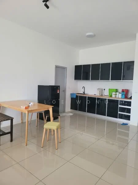Kitchen features: black cabinetry, white walls, ceramic tile flooring, stainless-steel sink, chrome pull-down faucet, built-in oven, refrigerator, kitchen island, dining table, wooden dining chair, green upholstered chair, countertop with storage; style: modern.