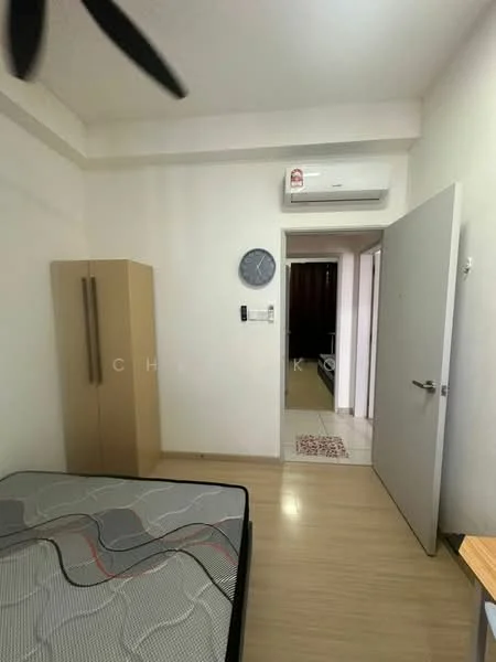 Bedroom features: wooden flooring, white painted walls, 1 wall-mounted split AC, queen-size bed, wardrobe, clock on wall, door leading to hallway, light fixture on ceiling.