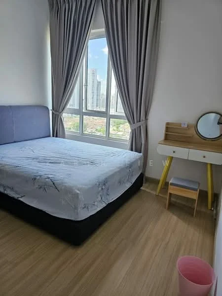 Bedroom features: queen-size bed with light-colored bedding, floor-to-ceiling windows, curtains in light grey, wooden flooring, small study desk with yellow legs, round mirror on desk, pink wastebasket, minimalist decor; style: modern; view: city.