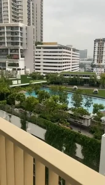 Balcony features: railing, outdoor flooring, view of swimming pool, view of landscaped garden, view of surrounding buildings; style: modern; view: pool.