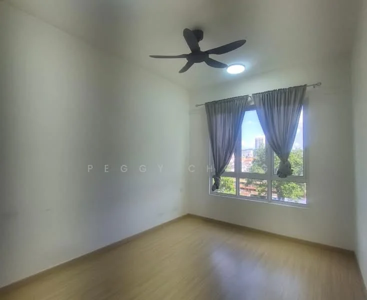 Room features: white painted walls, wooden flooring, 5-blade ceiling fan, large window with city view, curtains, natural light, high ceiling; style: modern; view: city.