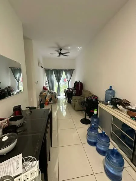 Living features: white painted walls, glossy tile flooring, 5-blade ceiling fan, floor-to-ceiling windows with sheer curtains, sofa, coffee table, TV console, water dispensers, luggage, decorative items on console; style: modern.