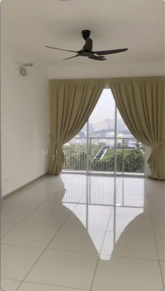 Living features: white painted walls, glossy ceramic tile flooring, 5-blade ceiling fan, floor-to-ceiling windows, sheer curtains, balcony door, city view, natural light; style: modern; view: city.