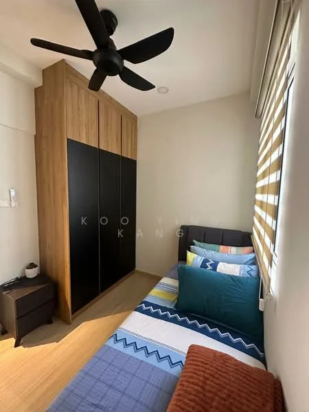 Bedroom features: wooden flooring, built-in wardrobe with wood and black finish, single bed with patterned bedding, striped curtains, ceiling fan, nightstand, decorative cushions, wall-mounted light fixture; style: modern.