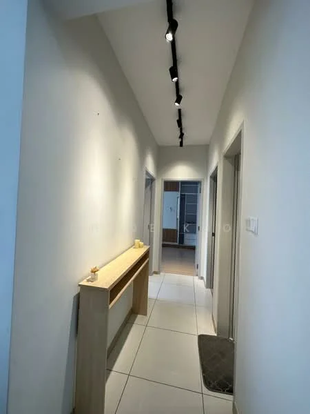 Hallway features: white painted walls, tile flooring, recessed lighting, wooden console table, door frames, door to adjacent rooms, neutral color scheme, mat at entrance; style: modern.