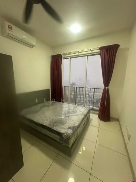 Bedroom features: queen-size bed, upholstered headboard, floor-to-ceiling windows, red curtains, wall-mounted split AC, tile flooring, light fixture, balcony access; style: modern; view: city.