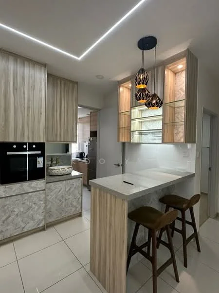 Kitchen features: white marble countertop, wood cabinetry with light wood finish, built-in oven, stainless-steel microwave, glass-front upper cabinets, 3 pendant lights, bar seating with 2 wooden stools, white tiled flooring, recessed LED lighting, grey backsplash, open shelving; style: modern.