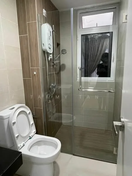 Bathroom features: white toilet, walk-in shower with glass enclosure, rain shower head, handheld shower, chrome basin mixer, tile cladding on walls, wood-look tile flooring, window with sheer curtains, wall-mounted water heater, black vanity with storage; style: modern.