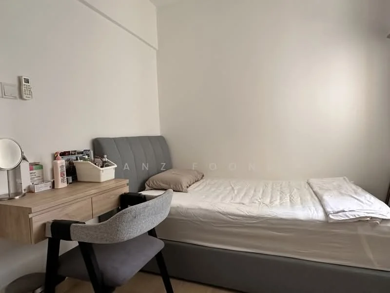 Bedroom features: single bed with white bedding, grey upholstered headboard, wooden bedside table, vanity mirror, desk with storage, grey fabric chair, white painted walls, laminate flooring; style: minimalist.