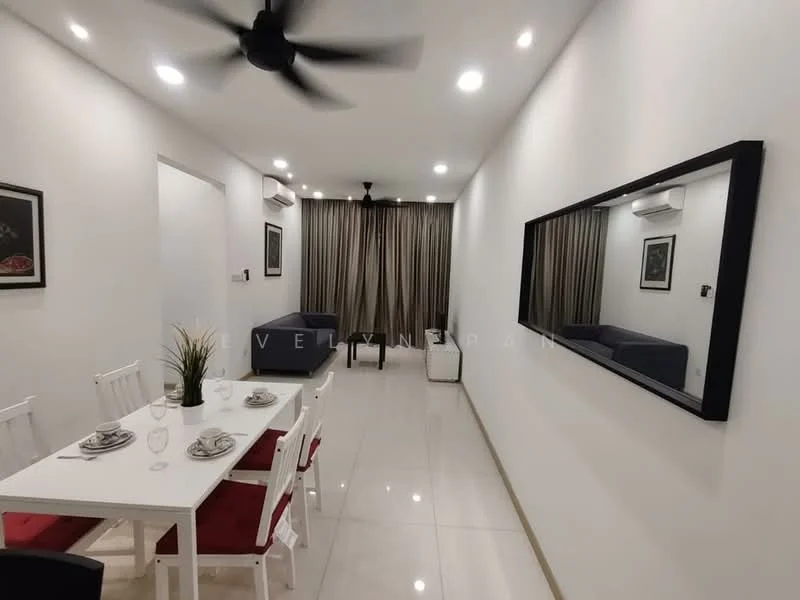 Dining features: white dining table, 4 white chairs with red cushions, decorative plant on table, framed artwork on wall, recessed LED downlights, mirror on wall, cream painted walls, glossy tile flooring, 1 wall-mounted split AC; style: modern. Living features: 2-seater fabric sofa in dark blue, curtains in beige, 1 wall-mounted split AC, cream painted walls, glossy tile flooring, recessed LED downlights; style: modern.