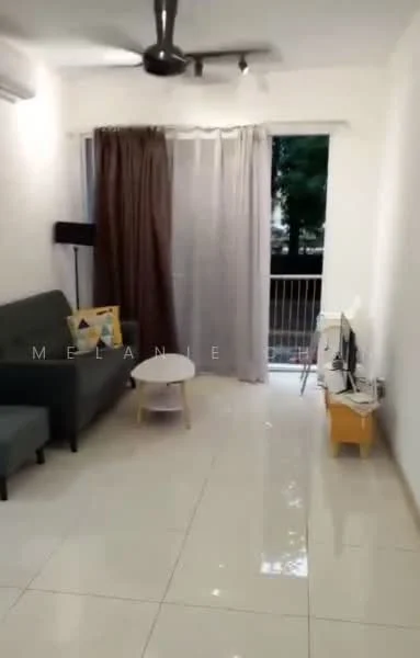 Living features: grey fabric sofa, round coffee table, floor-to-ceiling windows, sheer curtains, wall-mounted TV, light-colored walls, glossy tile flooring, ceiling fan; style: modern; view: garden.