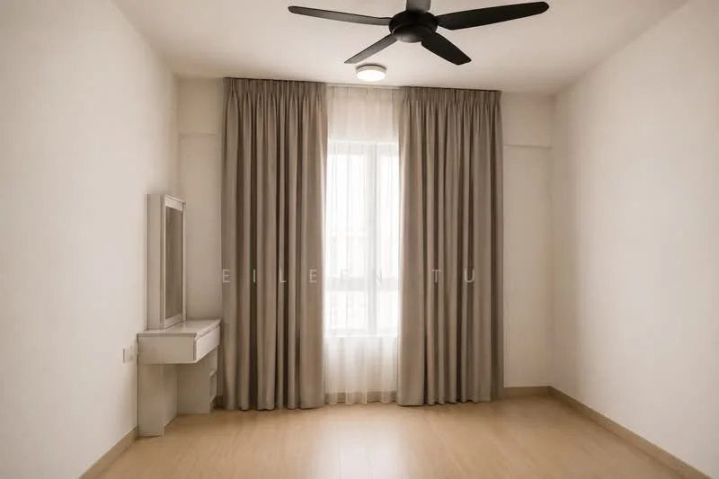 Bedroom features: light wood flooring, white painted walls, floor-to-ceiling window, sheer curtains, blackout curtains, 5-blade ceiling fan, built-in vanity table, recessed ceiling light; style: modern.