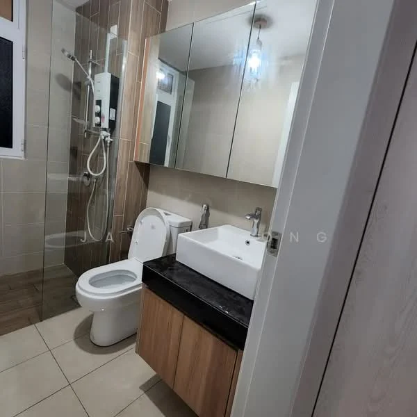 Bathroom features: ceramic tile flooring, wall-mounted shower with adjustable height, single-sink vanity with black countertop, wood cabinet under sink, framed mirror above sink, one-piece toilet, chrome basin mixer faucet, glass shower enclosure, recessed ceiling light, white painted walls, window for natural light; style: modern.