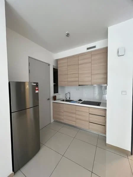 Kitchen features: stainless-steel fridge, wood cabinetry with light finish, white countertop, built-in cooktop, kitchen sink, wall-mounted range hood, ceramic tile flooring, white backsplash, under-cabinet lighting, single-bowl stainless-steel sink, chrome pull-down faucet; style: modern.